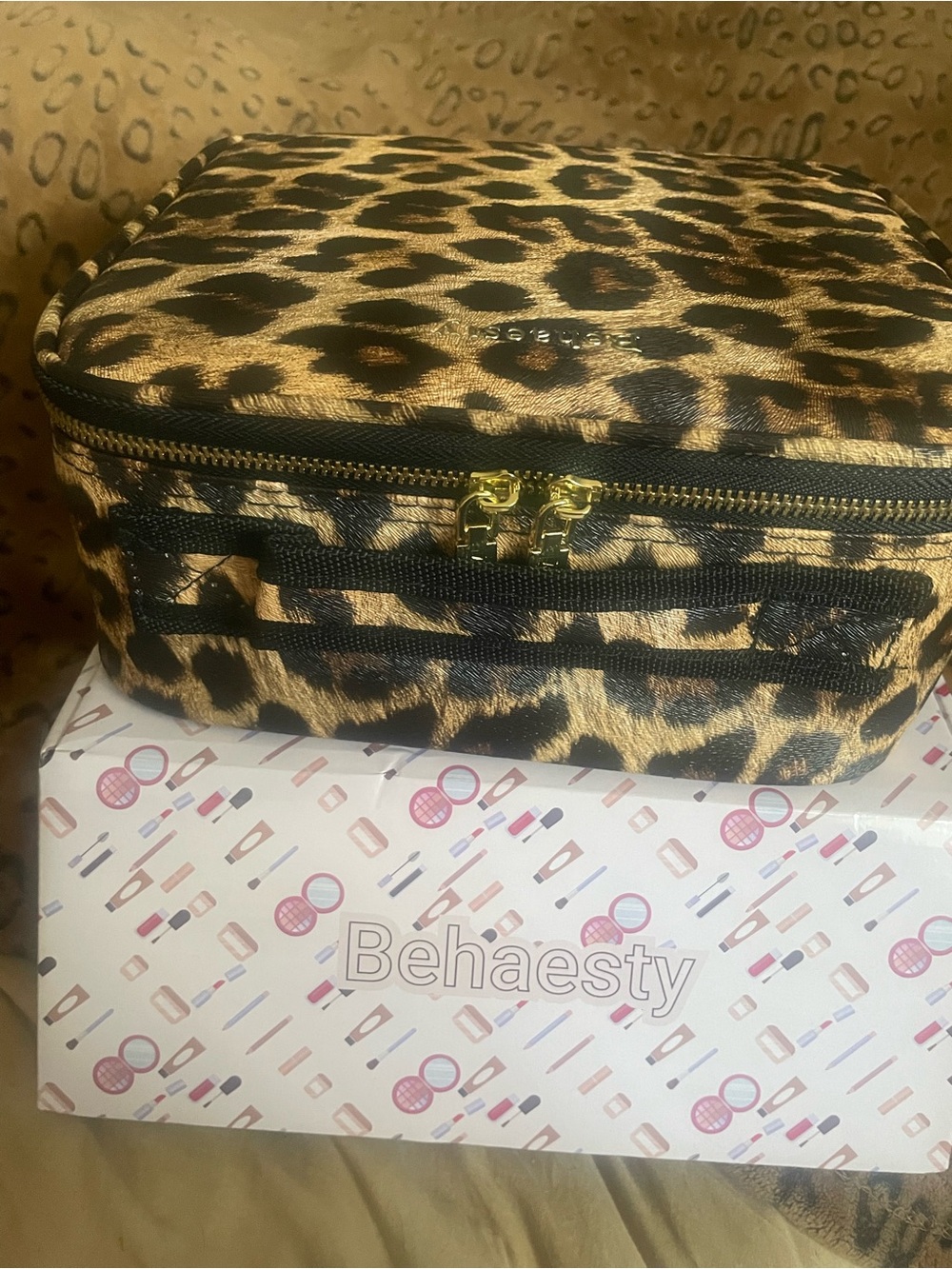 Leopard Print Cosmetic Case with Gold Hardware